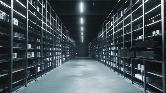Warehouse aisles extending between rows of industrial steel shelving units, creating a uniform, organized, and vast storage or archive facility with a futuristic aesthetic