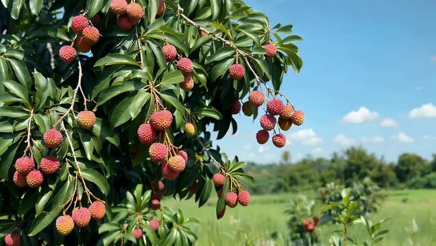 Peaceful high resolution 4K video capturing clusters of ripe litchi fruits gently swaying back and forth on their slender flexible branches responding to the soft breath of the wind which together
