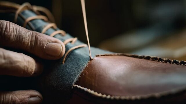 Artisan sewing a cotton lining into a leather shoe focusing on precision and the smooth integration of soft fabric with sturdy exterior.