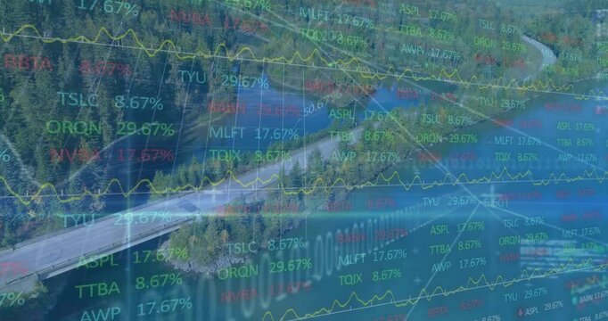 Curving bridge and road crossing lake undergoing financial data overlay in animated flat design