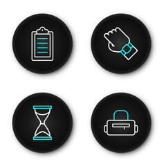Set line Sport bag, Old hourglass, Smart watch on hand and training program icon. Vector