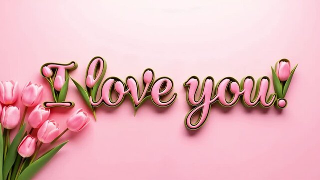 delicate pink tulips on a pink background with an animated volume text i love you featuring green stem elements for romantic confession and spring greeting card design