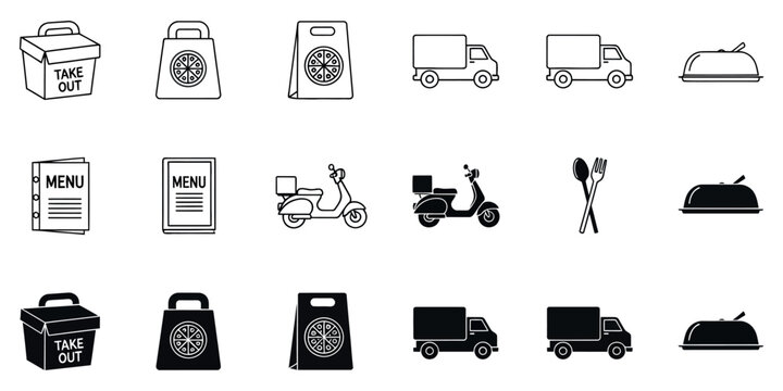 Black and white food delivery including menus and vehicles take out pizza truck