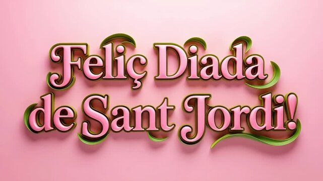 delicate pink tulips on a pink background with elegant gold and pink text feli&ccedil; diada de sant jordi in catalan language decorated with green elements for regional holiday
