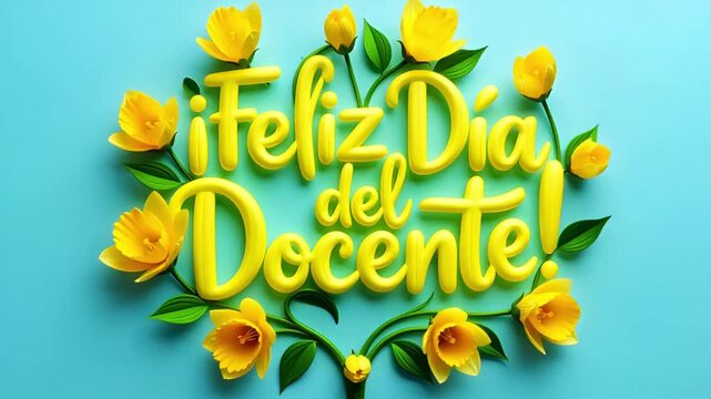 three bright yellow daffodils on a turquoise background with appearing volumetric yellow text &iexcl;feliz d&iacute;a del docente in spanish language for teachers day celebration card