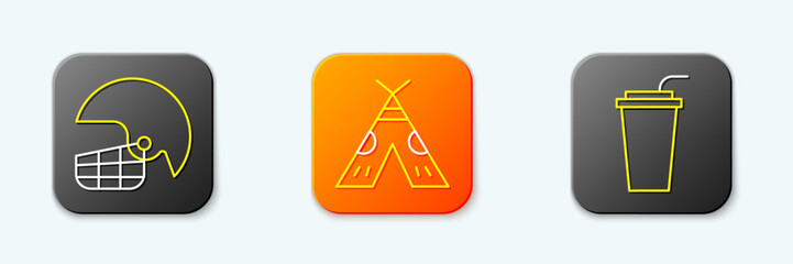 Set line American football helmet, Indian teepee or wigwam and Paper glass with straw icon. Vector © Kostiantyn