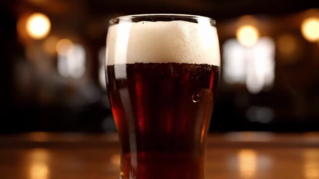 process of pouring dark beer into a glass with thick white foam against the background of blurred pub lights next to a gold coin symbolizing irish traditions and a cozy bar atmosphere
