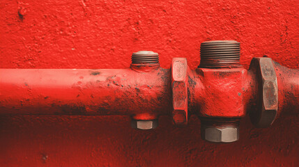 Red industrial metal pipes against a textured wall background.