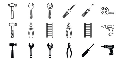 Black and white line and silhouette tools line silhouettes hammers wrenches © VARIOUS