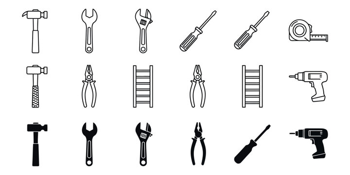 Black and white line and silhouette tools line silhouettes hammers wrenches