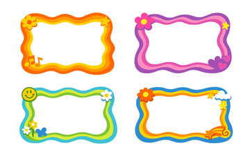Fototapeta premium A whimsical doodle frame border vector set featuring vibrant wavy rectangle shapes, playful cartoon wiggly picture frames, and a groovy 60s-inspired text frame collection