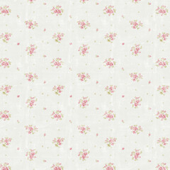 Soft beige seamless pattern with small pink floral bouquets. Subtle vintage texture background, perfect for fabric print, wallpaper, packaging and delicate branding.