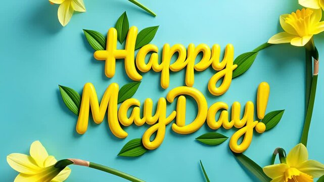 bright yellow daffodils on a turquoise background with a festive greeting for may day creating a cheerful spring mood and joy