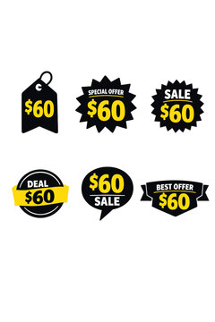 Price Tag in Black | 60 Dollar | Special Offer Icon | Sale Sticker | Deal Label | Variations