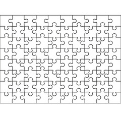 Template or cutting guidelines for 60 transparent jigsaw puzzle pieces; classic-style pieces are single-shape and easy to separate, with no acute angles