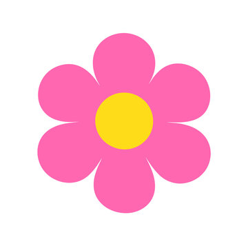 Illustration of a pink flower in a groovy 1960s style, featuring a yellow center, a simple minimal design, and a transparent background