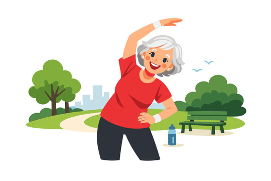 A senior Caucasian woman with gray hair stands in the park, one hand on her waist, raising an arm as she performs side bends to warm up before a cardio workout, her face beaming with joy