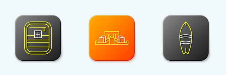 Set line First aid kit, Formula 1 racing car and Surfboard icon. Vector