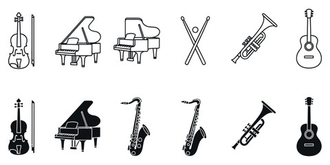 Black and white musical instruments line music symbols violins pianos © VARIOUS