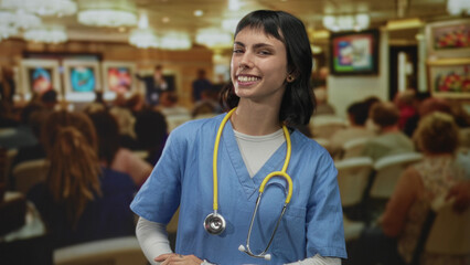 Woman doctor in blue scrubs with yellow stethoscope stands smiling and folds arms in building  empathy care. © Krakenimages.com