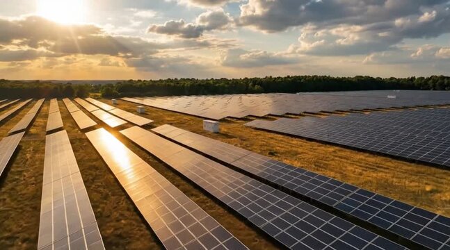 Expansive Solar Farm at Golden Hour: Renewable Energy Panels Reflecting Sunset Glow Under a Cloudy Sky