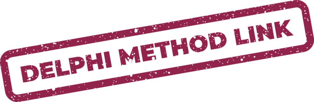A textured stamp displaying DELPHI METHOD LINK, signifying a connection point for information and collaborative knowledge sharing