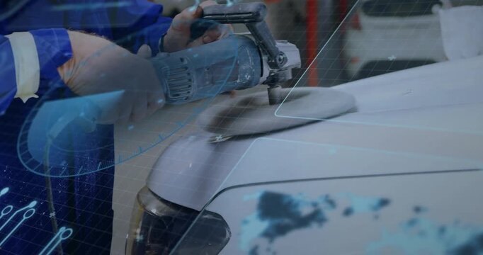 Upon powering buffer, technician gloved hands buffing car hood surface for restoring glossy finish