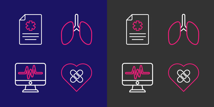Set line Healed broken heart, Monitor with cardiogram, Lungs and Clinical record icon. Vector