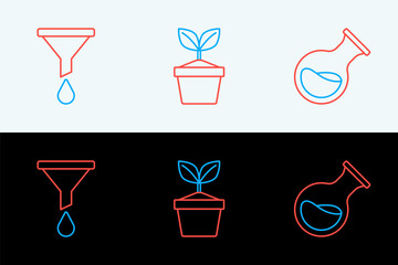 Set line Test tube and flask, Funnel or filter and Plant in pot icon. Vector