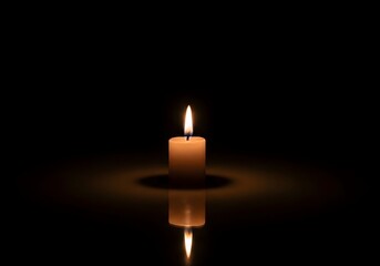 Single Lit White Candle with Warm Flame on Reflective Surface in Dark, Peaceful Setting