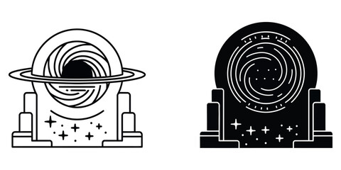 Black and white of planet Saturn on pedestal with stars ringed planet © VARIOUS