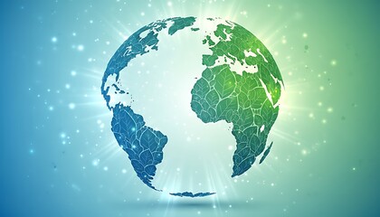 Fototapeta premium Green leaf Earth globe with glowing sun rays