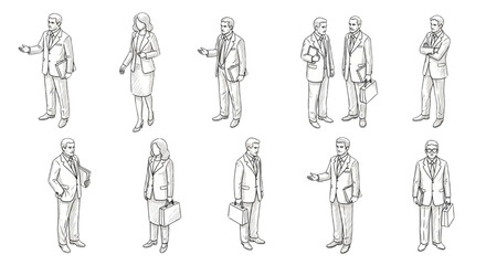 Fototapeta premium Isometric Vector Sketch Set of Standing Business People for Architectural Visualization