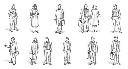 Isometric Vector Sketch Set of Walking and Talking Business People for Architecture