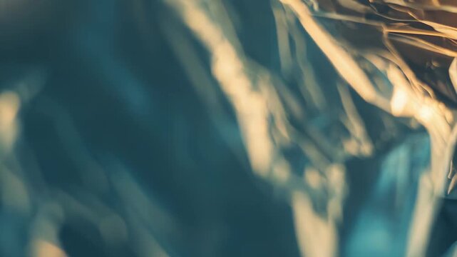 Wrinkled transparent plastic creates an abstract background through subtle light reflections and refractions, highlighting folds and creases with varying tones of teal and golden light