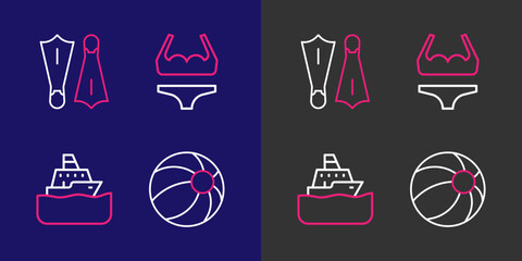 Set line Beach ball, Cruise ship, Swimsuit and Rubber flippers for swimming icon. Vector © Kostiantyn
