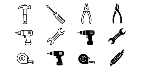 Fototapeta premium Black and white of various hand tools on white background hammer screwdriver
