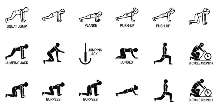 Black and white of various exercise poses workout fitness squat jump plank