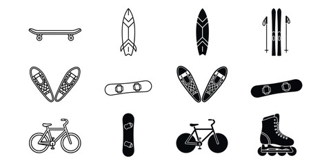 Black and white of various sports equipment skateboard surfboard snowboard canoe © VARIOUS