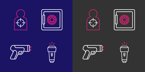 Set line Flashlight, Police electric shocker, Safe and Human target sport for shooting icon. Vector