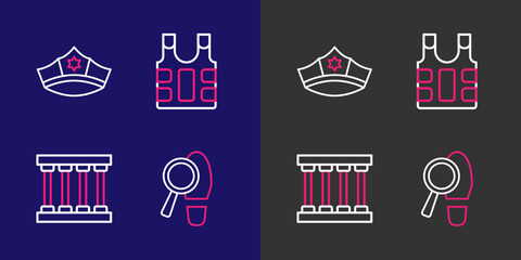 Set line Footsteps, Prison window, Bulletproof vest and Police cap with cockade icon. Vector