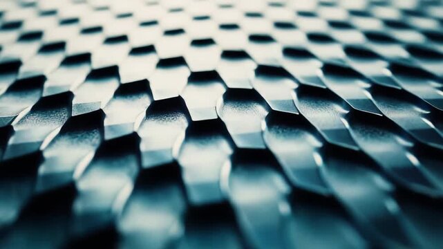 Metallic hexagonal scales create a repeating textured surface with shallow depth of field, producing an abstract, sophisticated futuristic background for modern design