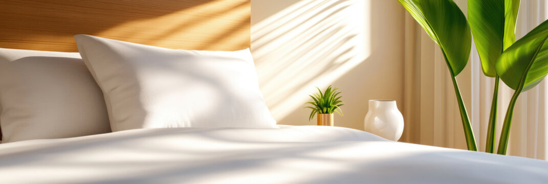 Soft white bedding and pillows on a bed receive warm morning sunshine, casting leafy shadows and evoking feelings of peaceful waking, serene comfort, and tranquil domestic well being