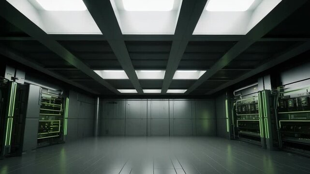 Dedicated server room visualizing artificial intelligence and global data processing, featuring rows of high tech equipment and networking infrastructure under bright overhead lighting