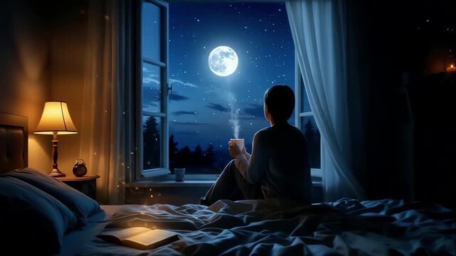 Moonlit bedroom person gazing out toward city skyline, holding mug, book open on bed, warm lamp glow, soft blankets, curtains framing full moon, contemplative late night mood, quiet creative focus