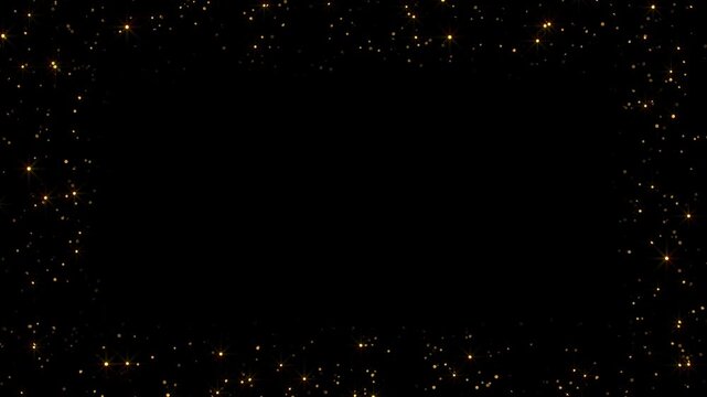 Glowing gold dust particles and twinkling star sparkles scattered across dark surface as decorative overlay. ideal for adding luxury shimmer to wedding, event and product videos