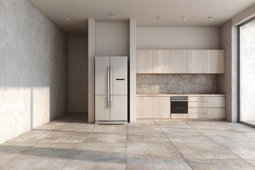 Fototapeta premium Modern kitchen interior displays light wood cabinetry and stainless steel appliances beside textured walls