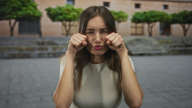 Young woman makes crying gesture showing face and fists near eyes on street steps in front of a building plaza, wearing white top and casual posture; sadness.