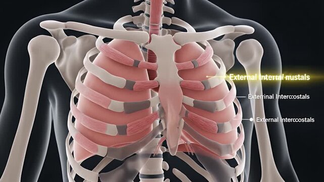 Detailed 3D Animation of Human Thoracic Cavity Anatomy Showing Lungs Ribcage and Intercostal Muscles with Anatomical Labels