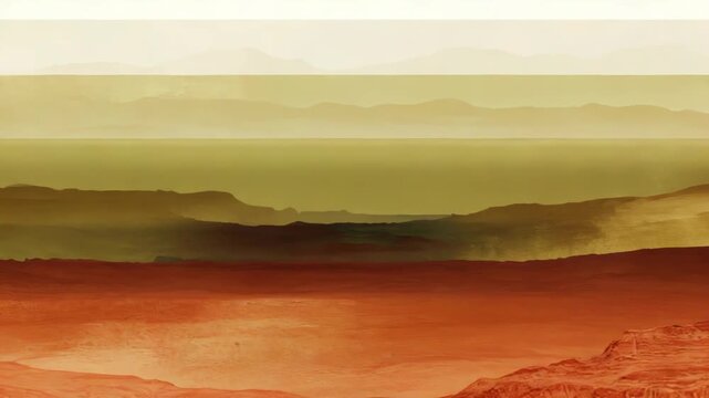Desert dunes and distant hills compose a minimalist abstract landscape, forming horizontal bands in a warm sepia and earth tone palette, evoking a serene natural environment